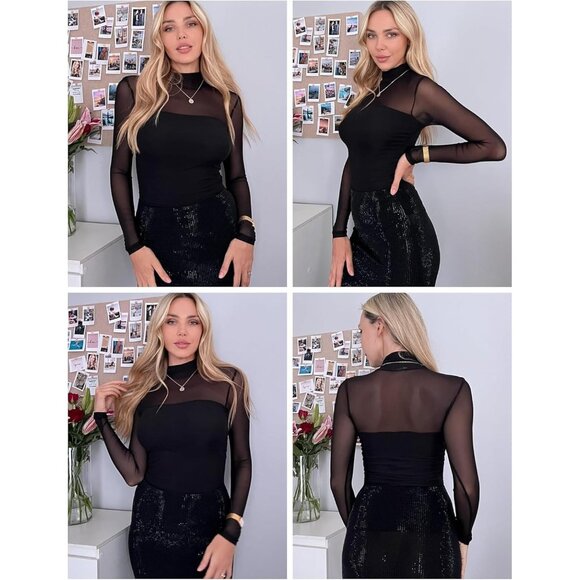 Womens Mesh Sheer Long Sleeve Top Mock Turtle Neck See Though Shirts Ruched Sexy - Picture 3 of 5